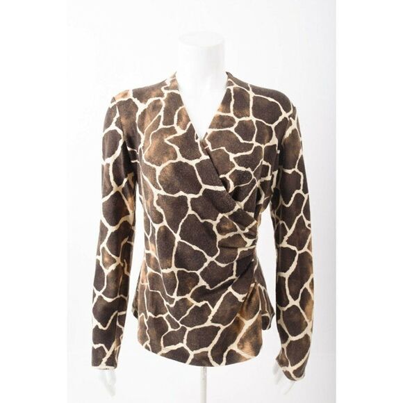 Cache Womans Sweater Top Size L Wrap Brown Cream Giraffe Animal Print Vneck - Picture 1 of 6